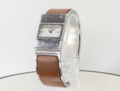 HERMES Loquet LO1.210 Bangle Watch Silver Brown Quartz Women's Working Authentic