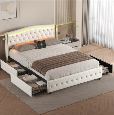 Bed Frame with upholstered headboard，4 Storage Drawers and Led,Charging station.