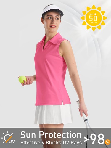 UPF 50+ Camicia donna golf sole scollo a V polo smanicata canotta allenamento asciugatura rapida top - Foto 26 di 72
