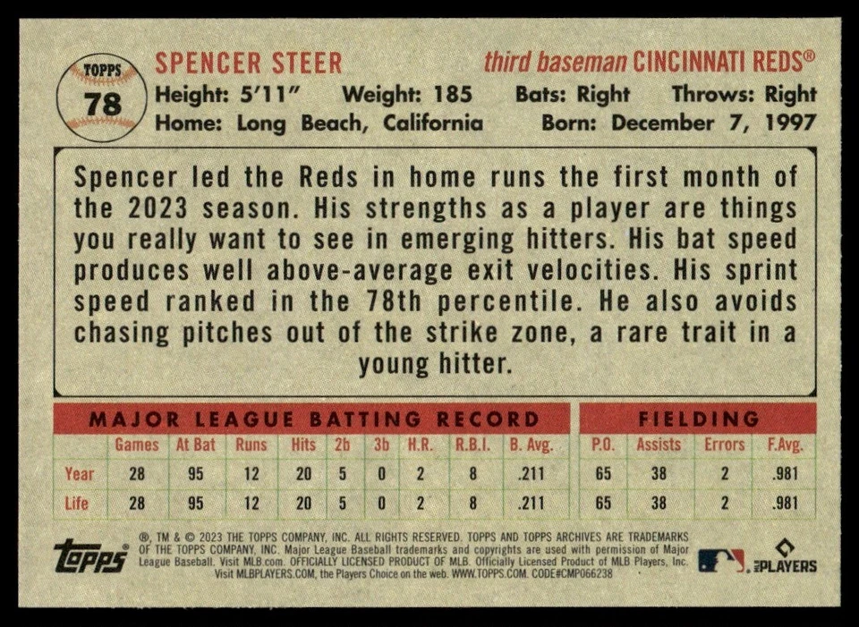 Spencer Steer 2023 Topps Archives Rookie 1956 Card RC #78 Cincinnati Reds - Image 2 of 2