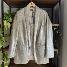 Mint Velvet Sequin Blazer Jacket 10 Champagne Gold Open Front Trinny Woodall
