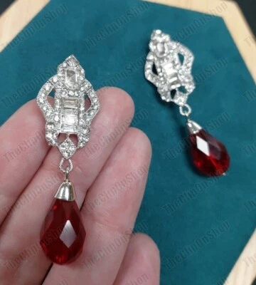 CLIP ON Vintage Art Deco Style EARRINGS Crystal RED Glass DROP Silver Rhinestone - Image 1 of 4