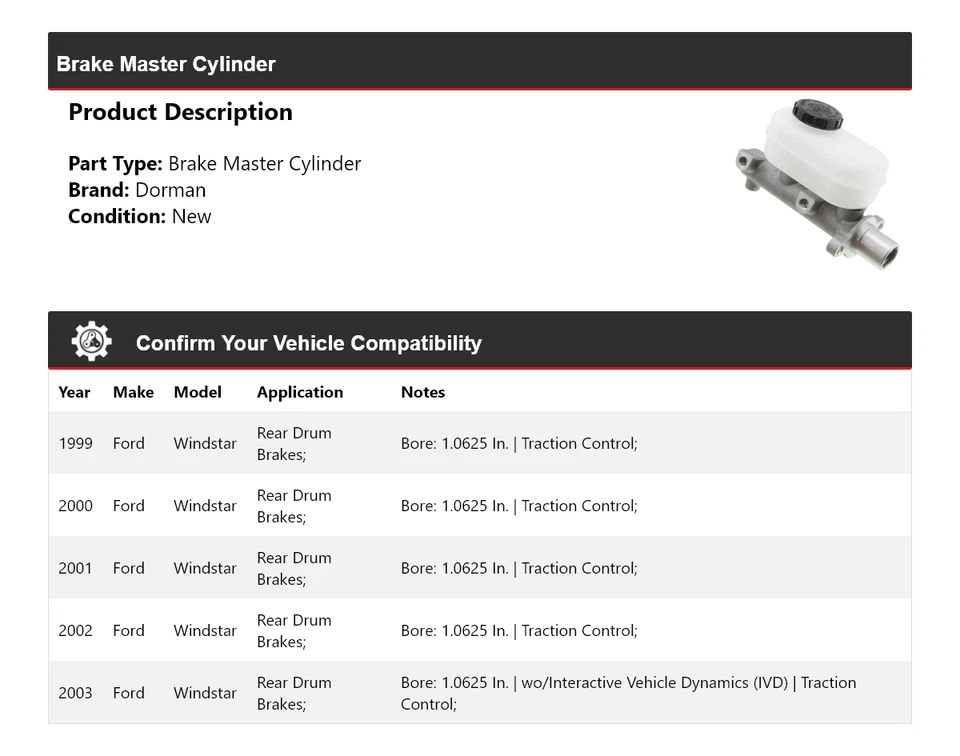 Cilindro maestro de freno Ford Windstar Dorman 1999-2003 2000 2001 2002 Foto 2 de 4