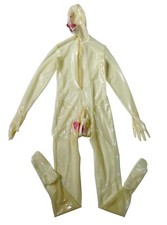 Transparent latex catsuit 15cm long nose tube red teeth zip hidden two sheath