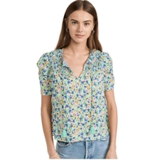 Shoshanna Kira Top in Spring Green Multi Floral with Smocking, Size Small. NWT!