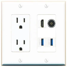 HD TOSLINK 2 USB-3 Port Wall Plate w/Power Outlet White