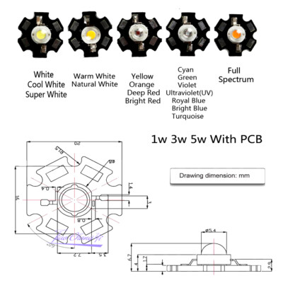 1W 3W 5W Watt High Power LED Chip Warm White UV Deep Red Blue Green RGB With PCB