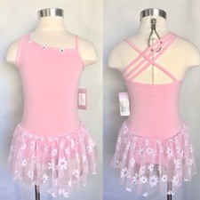 Basic Moves Girls Skirted Leotard Tutu Dress w/ Flowers, Size 6-7, Pink, NWT