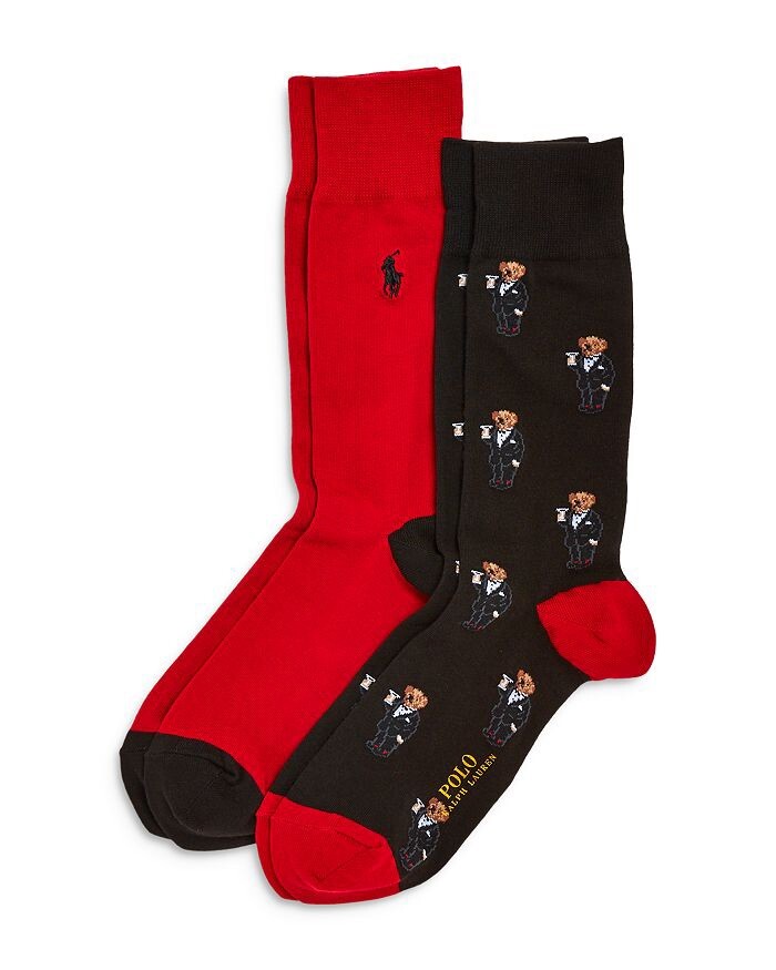 Polo Ralph Lauren Martini Bear Dress Socks Black Red 2 PAIRS Men's 612