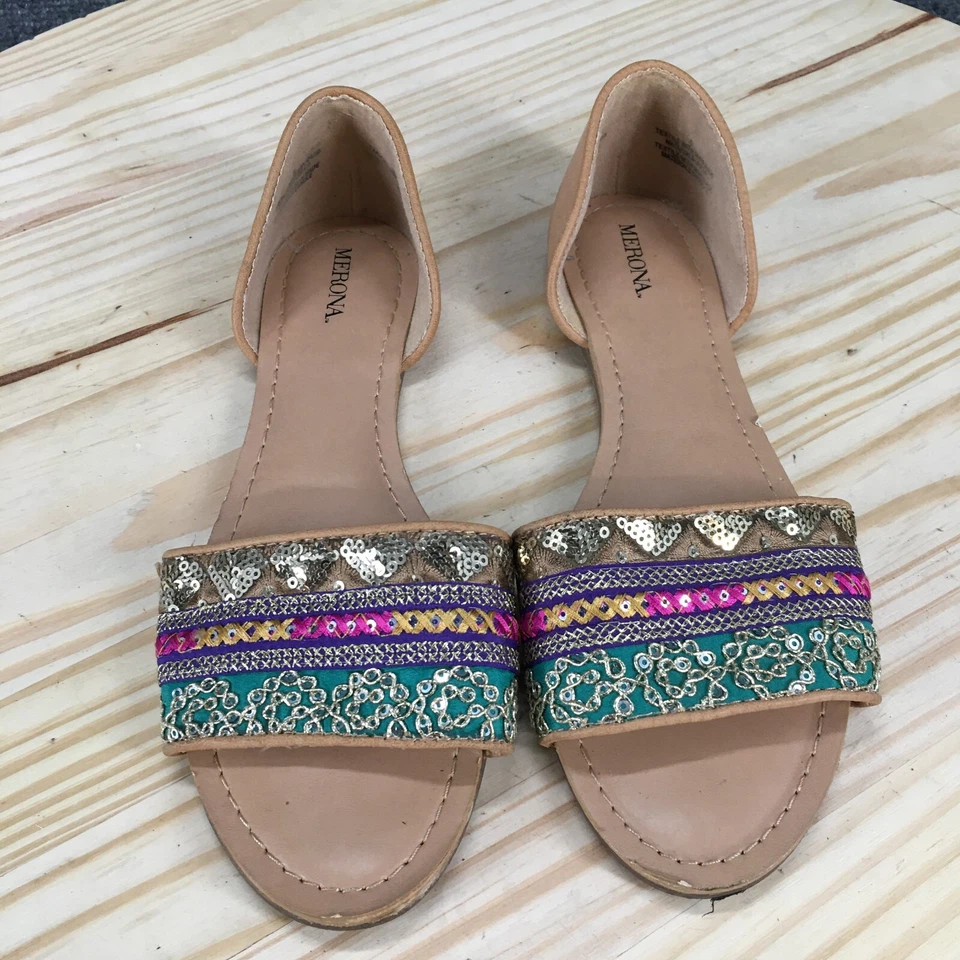 Sandalias Merona para mujer 8 Boho lentejuelas sin cordones planas tela beige informales punta abierta Foto 4 de 4