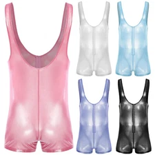 Mens Shiny Sleeveless Bodysuit Low Neck Front Zipper Boxer Shorts Ideal Raves