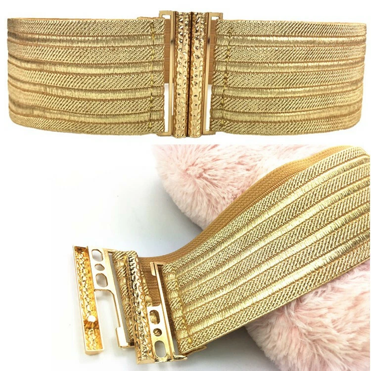 Fashion Women Gold Wide Waist Belt Elastic Stretch Waistband Dress Buckle  Band