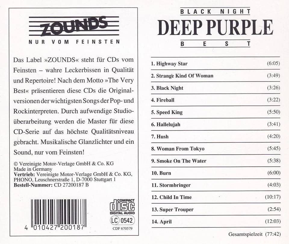 DEEP PURPLE - CD - BLACK NIGHT - DEEP PURPLE BEST - ( Zounds ) - Bild 2 von 2