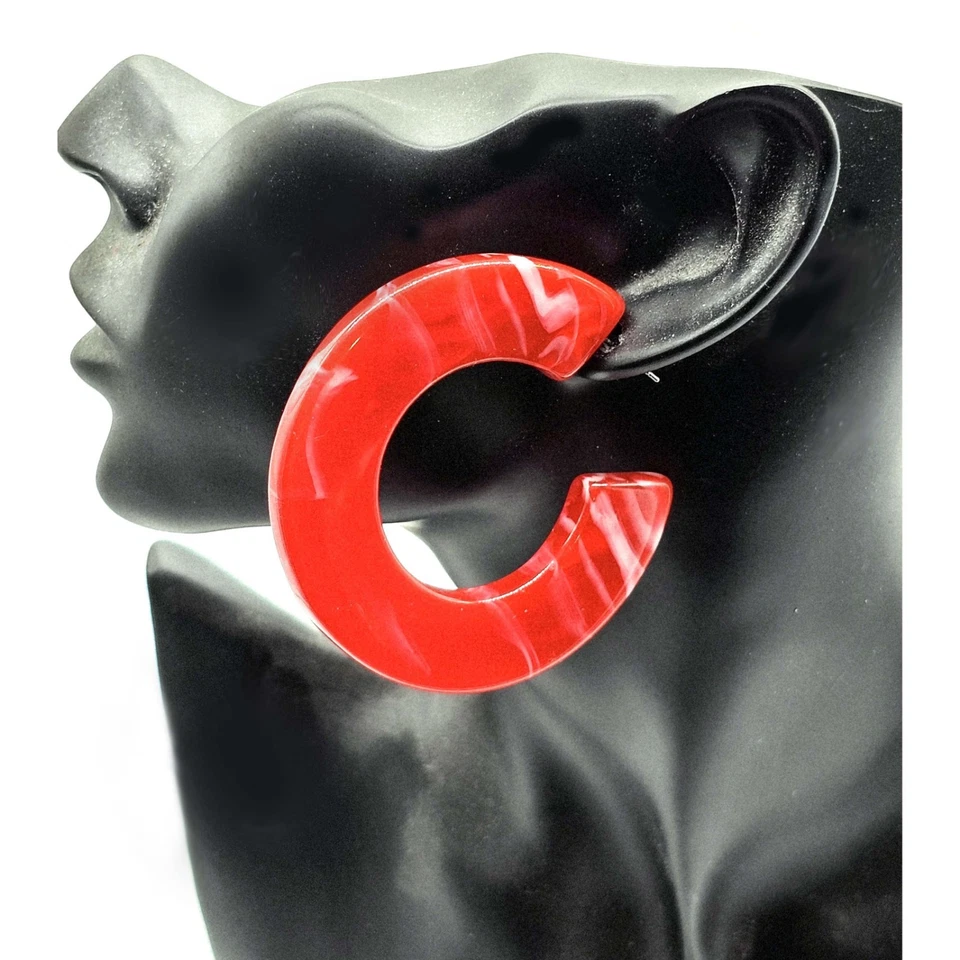 Bold Oversized Red Acrylic Hoop Earrings – Marbled Resin Open Circle Statement E - Image 2 of 4