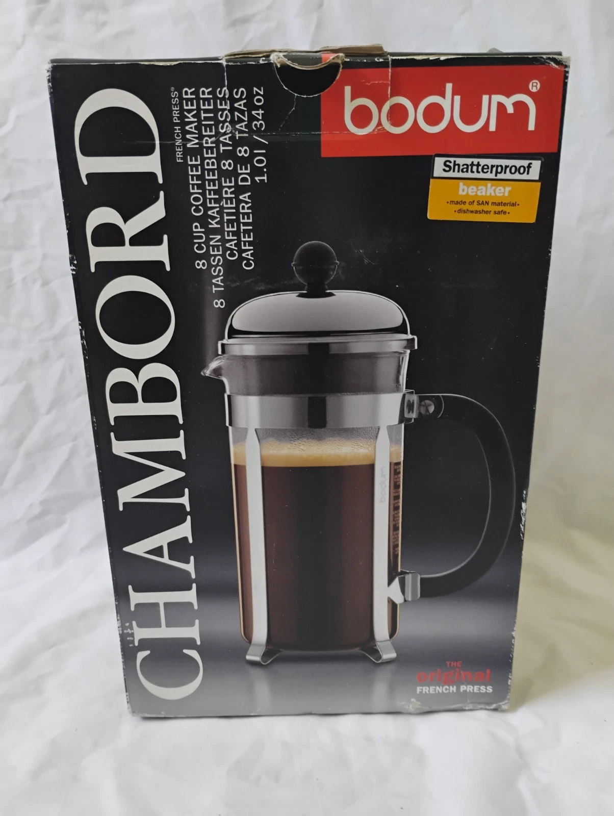 Bodum 34 oz French Press Coffee Maker Classic Chrome-Plated Chambord 8 Cup