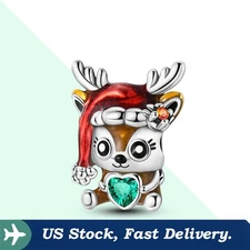 KUNSIR 925 Sterling Silver Charm For Bracelet Reindeer Holding Heart Bead Charm