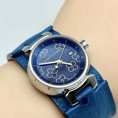 Louis Vuitton Tambour Lovely PM Q121B Blue Dial Quartz Monogram Flower Box Paper