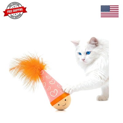 Niuniu Wooden Cat Toy   Catnip-Free Self-Righting Wobble Tumbler with Feather...
