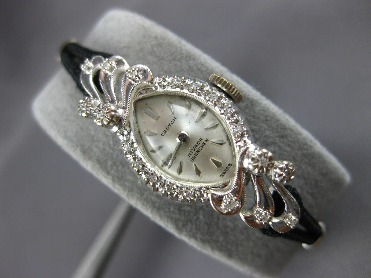 ANTIQUE .15CT OLD MINE DIAMOND 14KT WHITE GOLD CROTON SWISS LADY'S