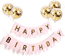 Happy Birthday Banner Sign Bunting Hanging Decorations with Shiny Gold Balloons