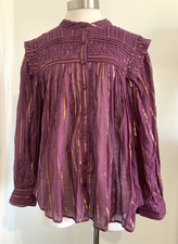 Farm Rio Top Women L Plum Metallic Stripe Balloon Sleeve Pleated Yoke Boho Artsy