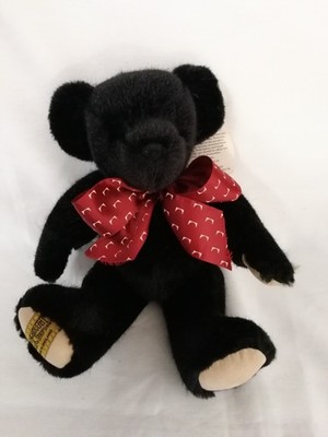 Merrythought schwarzer Mohairbär, 26 cm, voll verbunden, mit dunkelrotem Band. 