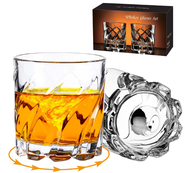Spinning Whiskey Glasses set of 2, 10 oz Rotatable Old Fashioned Glass Cup