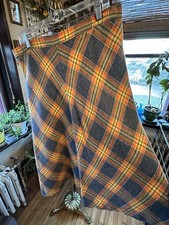 Vintage 70  s Midi Plaid Skirt Sz.14/16 tagged 10 Orange/Yellow/Gray A Line Cute
