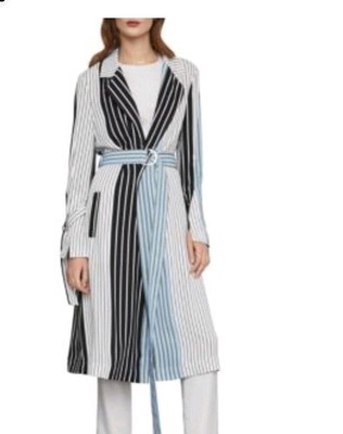 BCBGMAXAZRIA Blue Striped Long Belted Dress Trench Coat Jacket Sz S