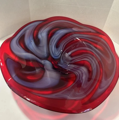 Murano Hand Blown Art Glass Jumbo Bowl Red Blue Swirl Centerpiece 21”
