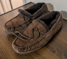 LL Bean Mens Wicked Good Slippers Sz 13 Chocolate Brown Suede Shearling Moccasin