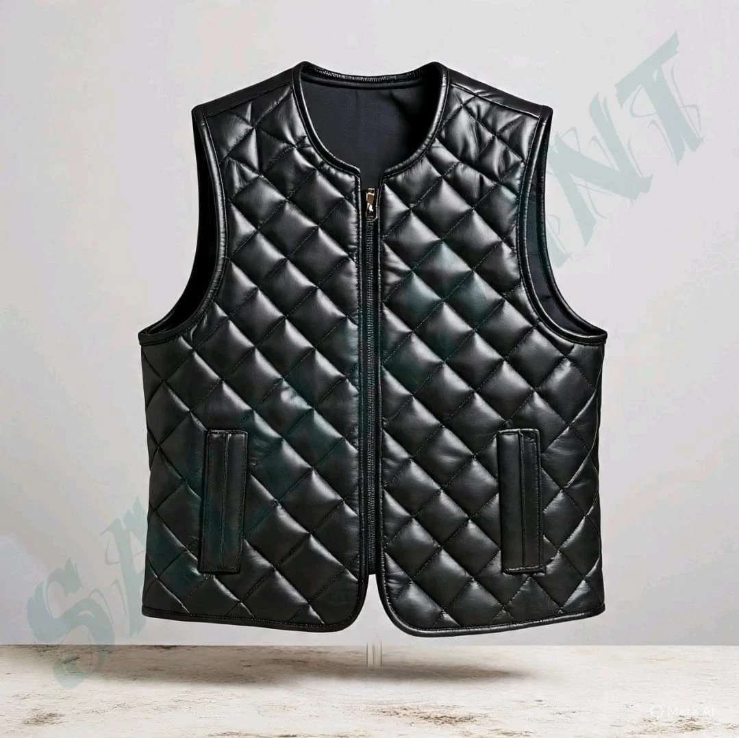Men's Black Leather Puffer Vest Genuine Lambskin Leather Quilted Padded Vest
