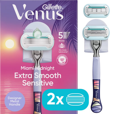 Gillette Venus Miami Midnight Extra Smooth Sensitive Razor Handle, 2 Refills, 1