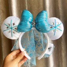 Disney Parks Frozen Elsa Snowflake Blue & White Minnie Ear Bow Headband NWT
