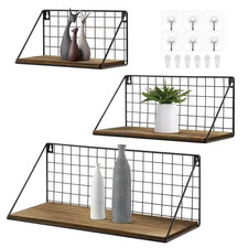 Set of 3 Rustic Metal Wire Grid and Wood Firbon Floating Shelves Wall Mounted 