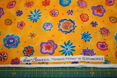 Laurel Burch ''Fantastic Felines'' Abstract Flowers on Yellow By The Half Yard OOP