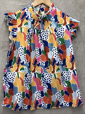 Emory Rose Multi Colorful Tunic Blouse 1XL Ruffle Mock Neck Sleeveless NWT