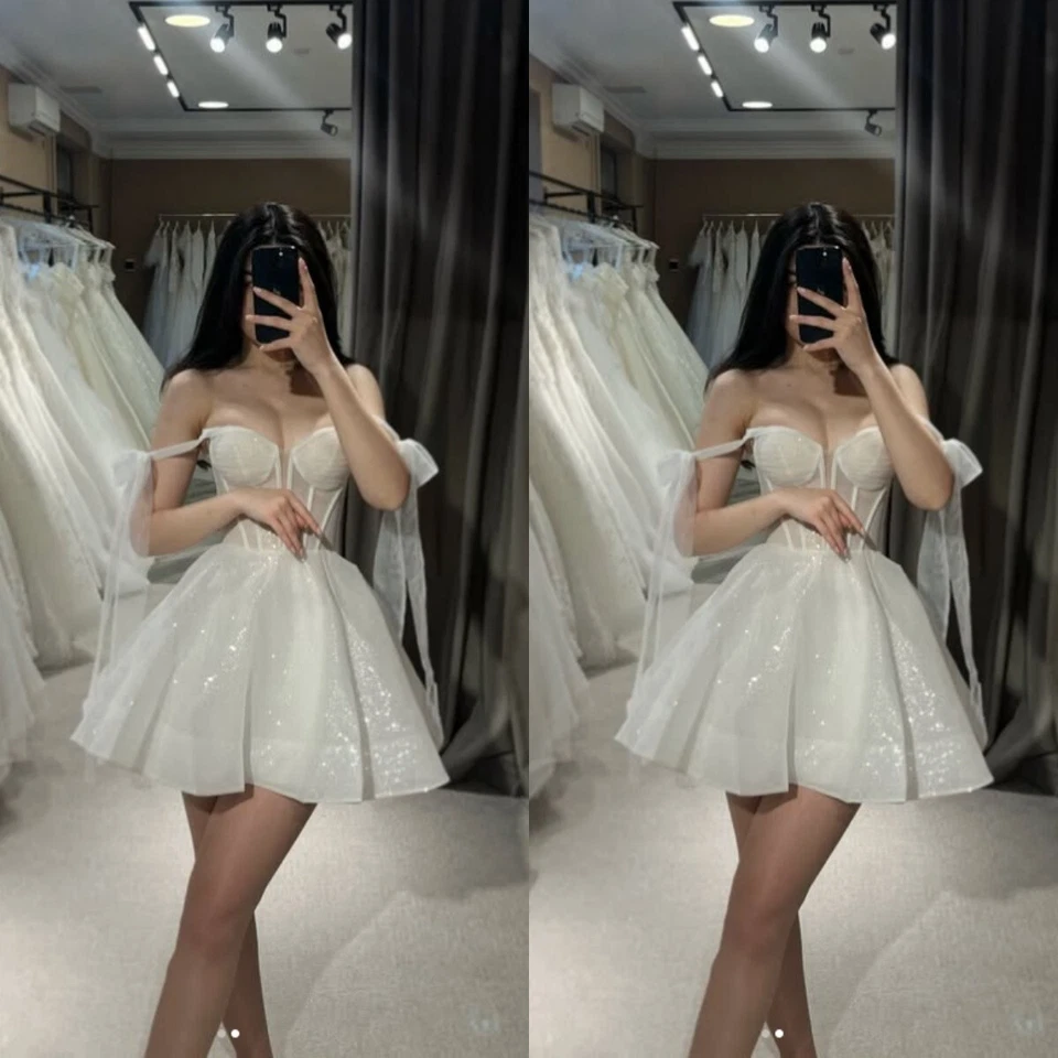 Short Beach Wedding Dresses Glitter Off Shoulder Sequined Mini Bridal Gowns - Image 3 of 4