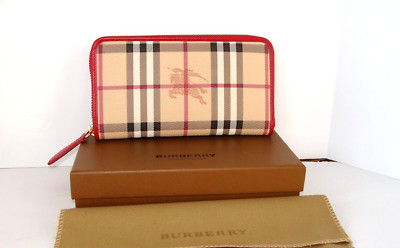 NWOT Burberry Zip Around Wallet in House-Check with Red Leather Trim