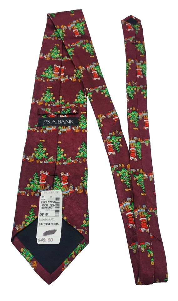 Jos. A. Banco *NUEVO CON ETIQUETAS* Corbata de Seda Borgoña Papá Noel con Árbol de Navidad y Regalos 58.5 x 4" Foto 2 de 4