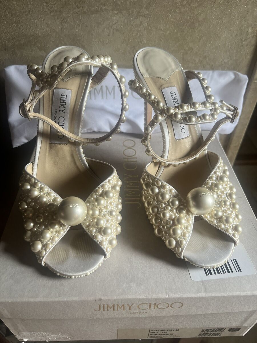 Jimmy Choo Sacora White Satin Sandals with All Over Pearls Jimmy Choo Sacora White Satin Sandals with All Over Pearls