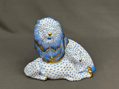 Large Herend 8 1/2'' Lion and Lioness Figurine Sapphire Fishnet; Mint