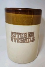 Vintage Crock Stoneware Small Primitive Kitchen Utensil Holder Brown Tan Band