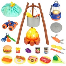 Kids Camping Toys Set, Pretend Play with Campfire, Pretend Cutting Food for P...