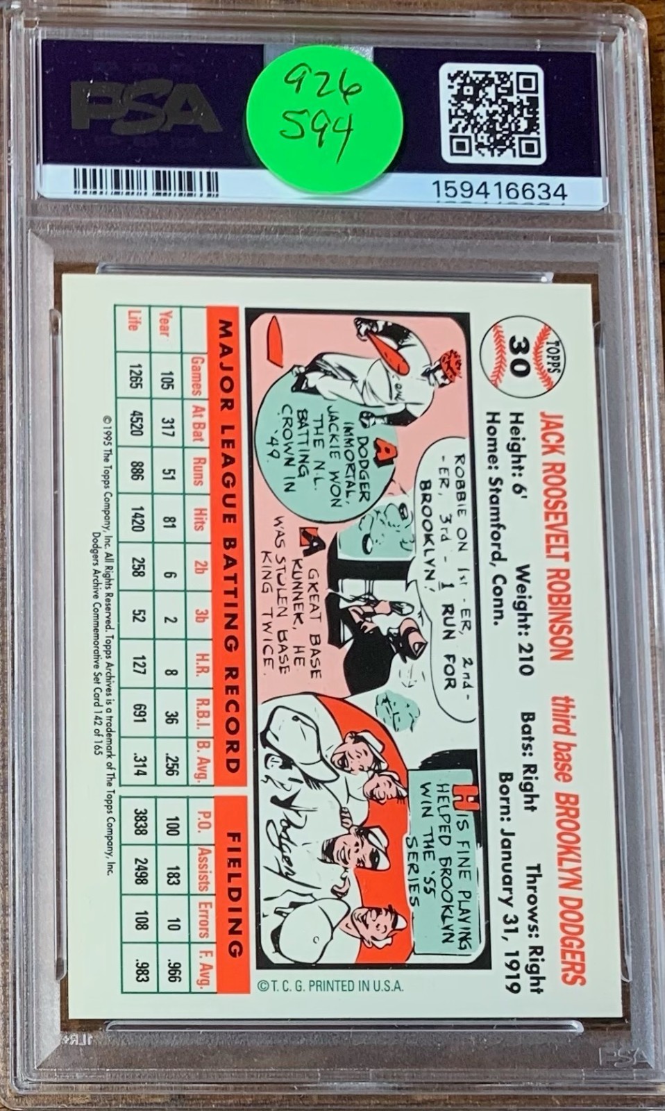 1995 Topps Archives Baseball #142 Jackie Robinson Brooklyn Dodgers PSA 10 Pop 4 view 2
