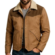 Men's Real Sheepskin Suede Soft Shearling Leather Jacket Vintage Western Style