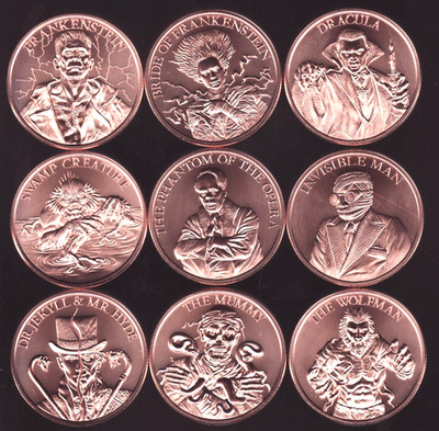 VINTAGE HORROR 9 Coin SET 1 AVDP oz. Copper Rounds INTAGLIO MINT