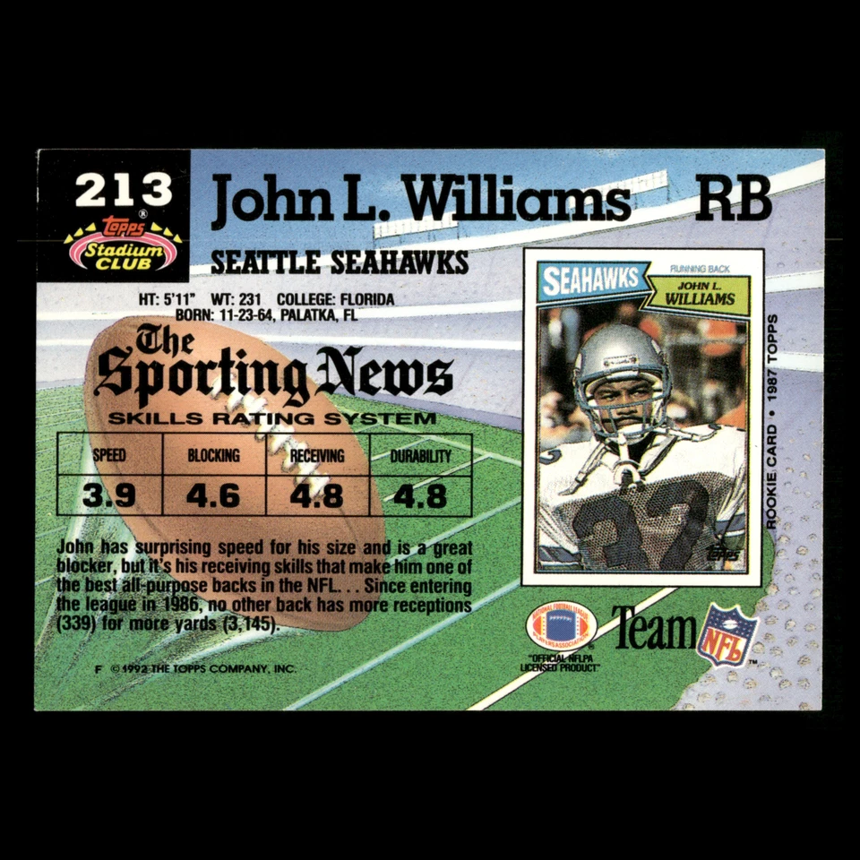 John L. Williams #213 1992 Stadium Club Seattle Seahawks Football Card NFL - Image 2 of 3
