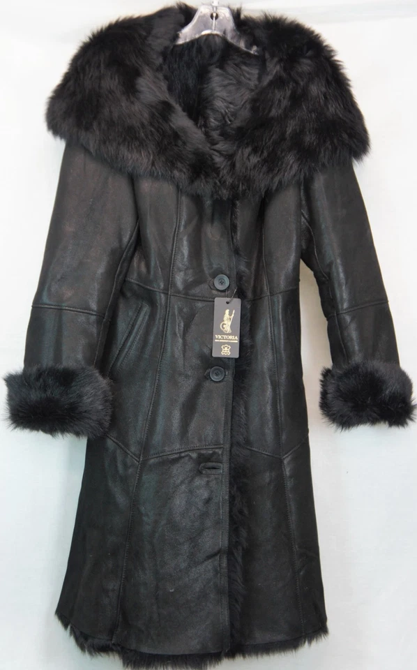 REAL 100% Piel de Oveja Piel de Oveja Toscana Abrigo Largo Capucha DAKOTA NEGRO XS-6XL Foto 2 de 4