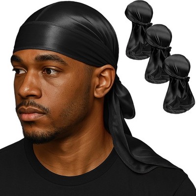 3PCS Silky Durags for Men Wave, Satin Doo Rags for 360, 540, 720 Waves Black